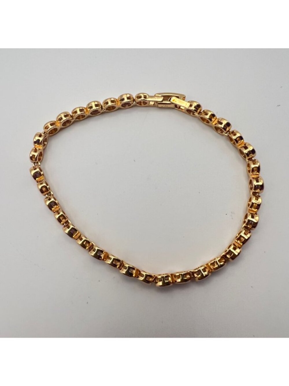 Purple CZ Gold-Tone Bracelet Bezel Set Tennis 7.5" Signed CM Stack Dainty Dressy - Picture 9 of 9